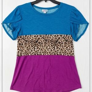 LuLaRoe Teal, Leopard & Purple Colorblock Short Sleeve Tee